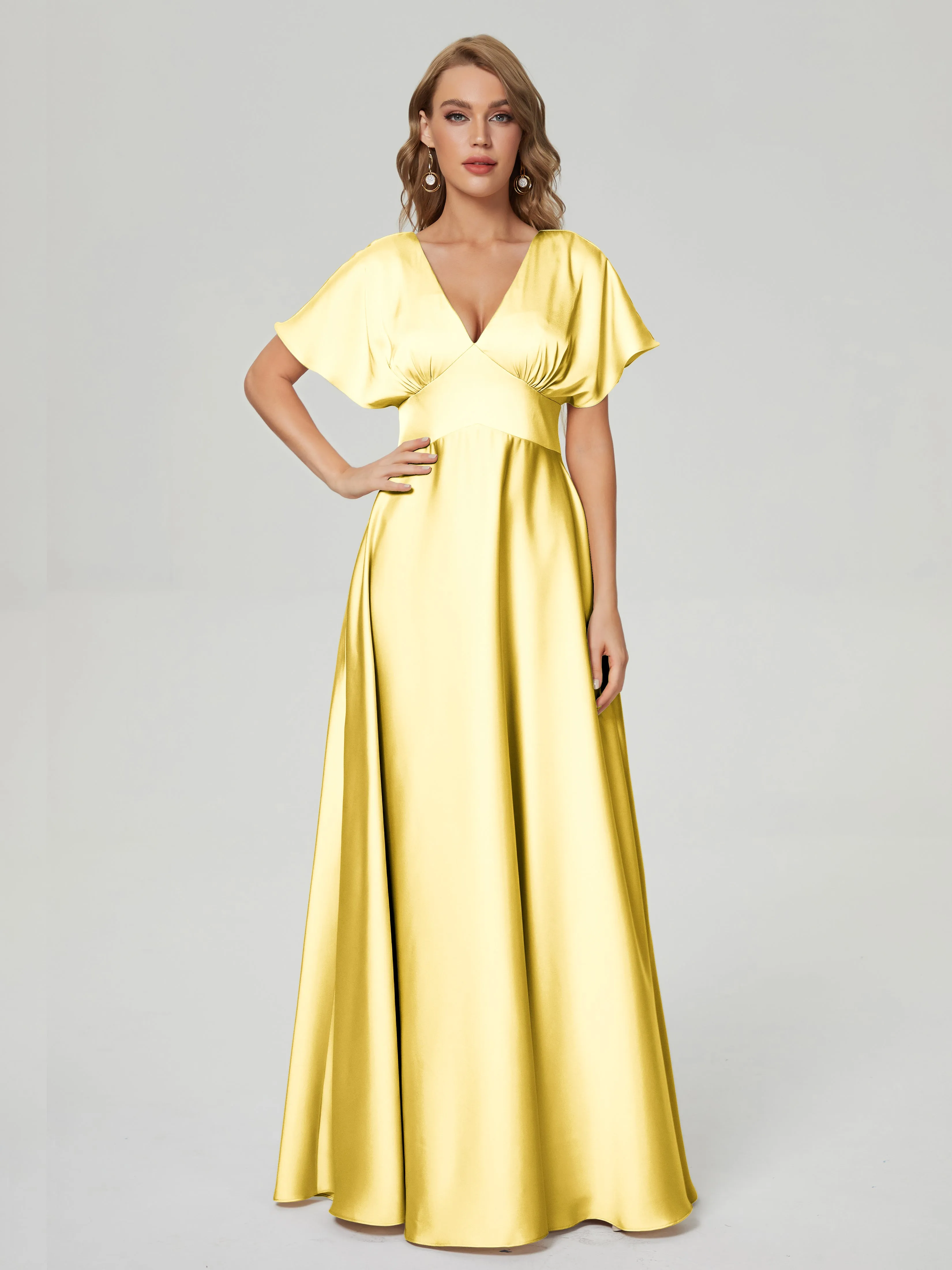 Daffodil Bridesmaid Dresses Ariah Modest V Neck Short Sleeves Soft Satin Dresses