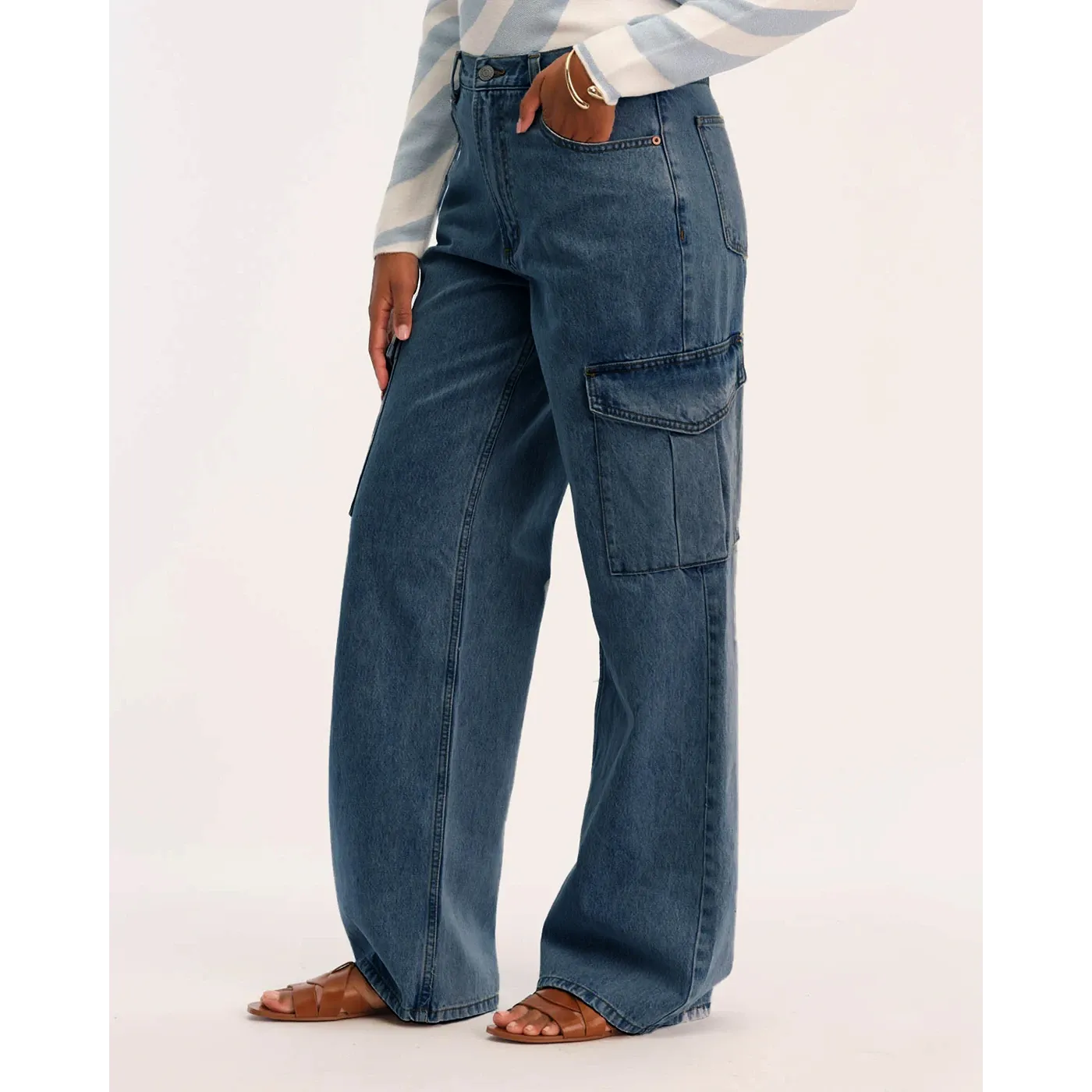 Dark Blue Wide Leg Cargo Jeans