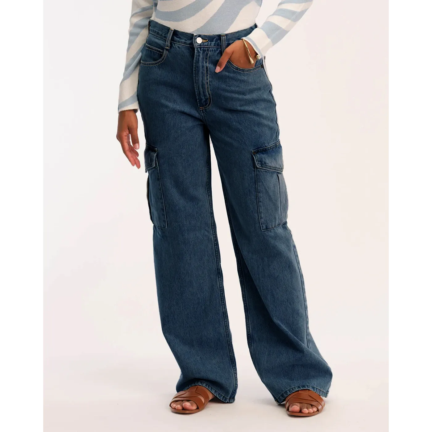 Dark Blue Wide Leg Cargo Jeans