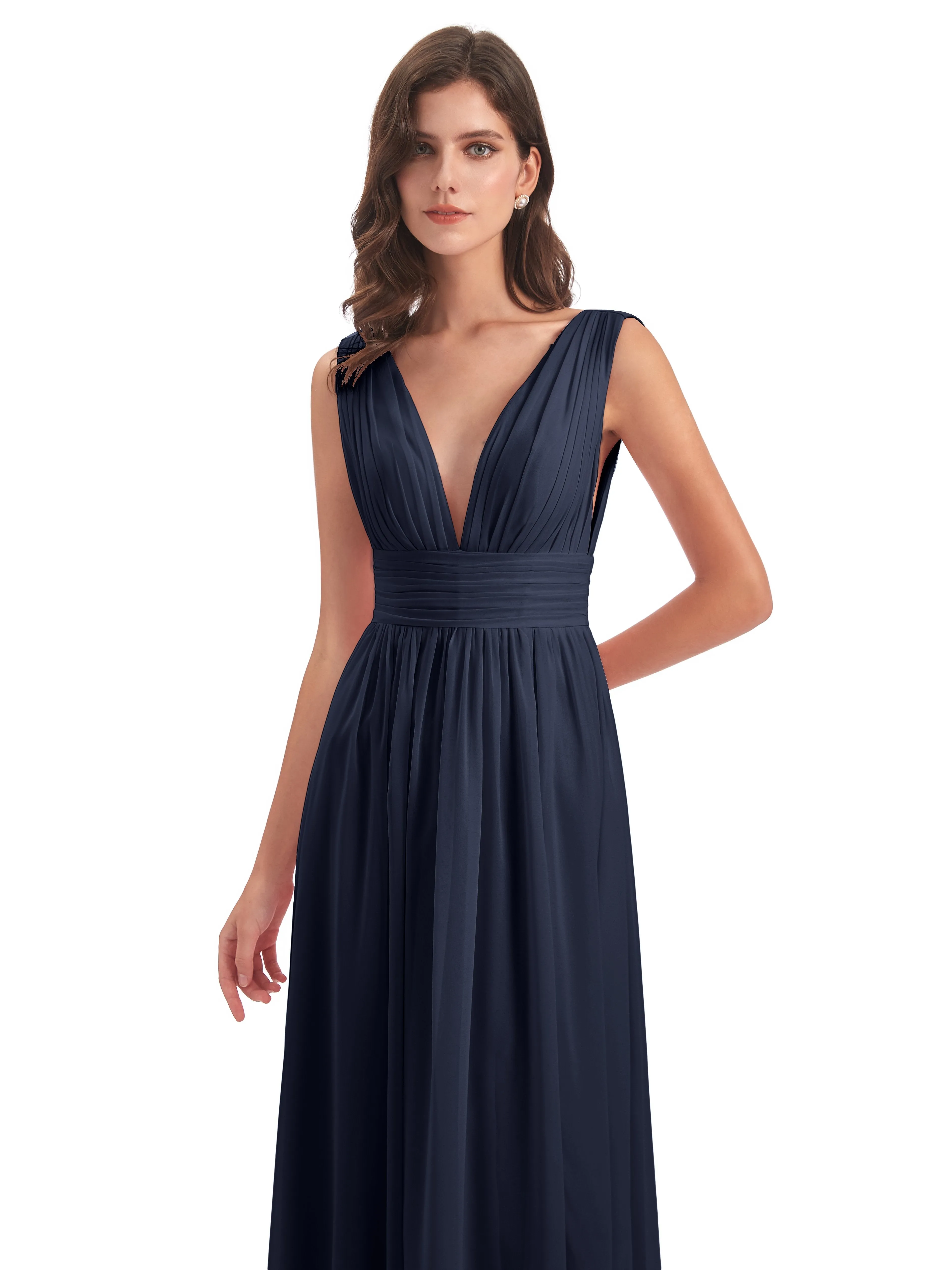 Dark Navy Blue Bridesmaid Dresses Charming Chiffon V Neck Split Long Bridesmaid Dresses