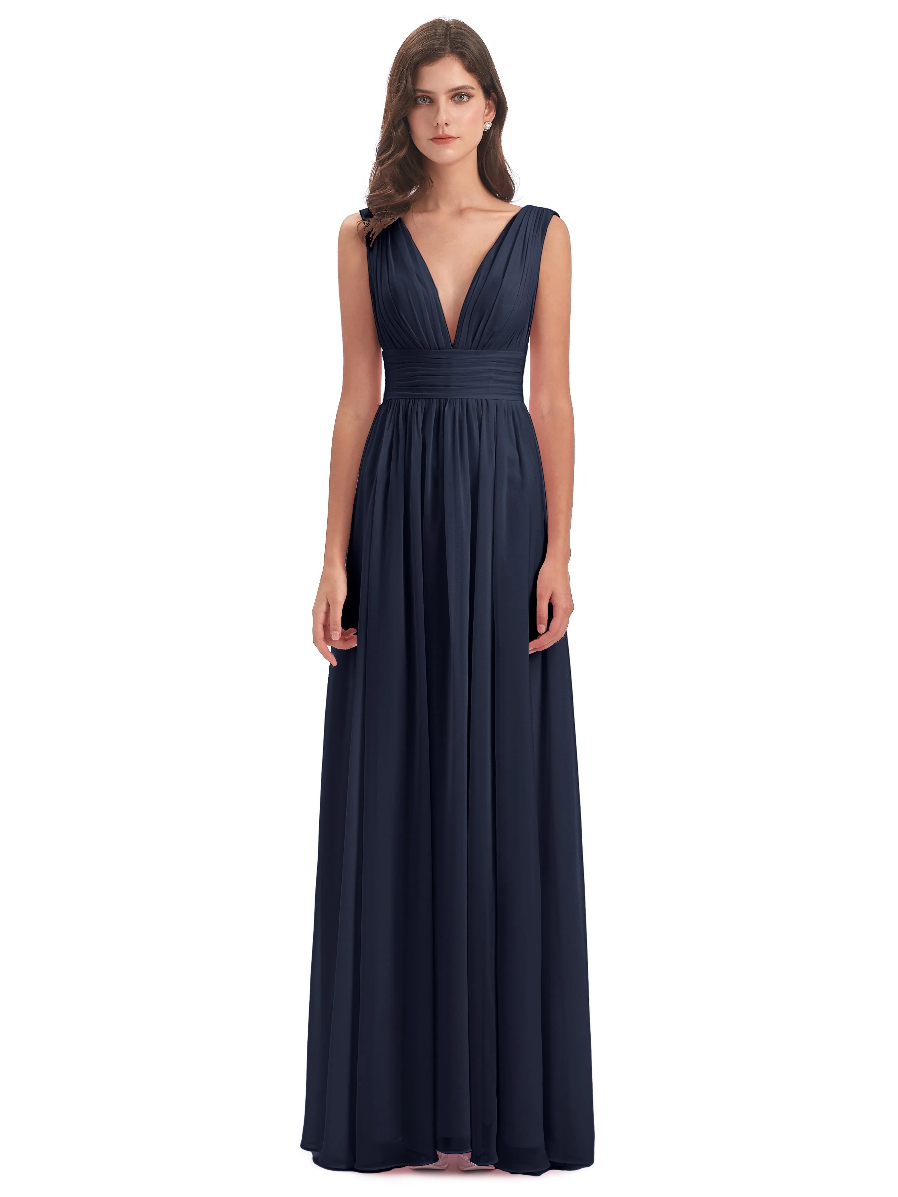 Dark Navy Blue Bridesmaid Dresses Charming Chiffon V Neck Split Long Bridesmaid Dresses