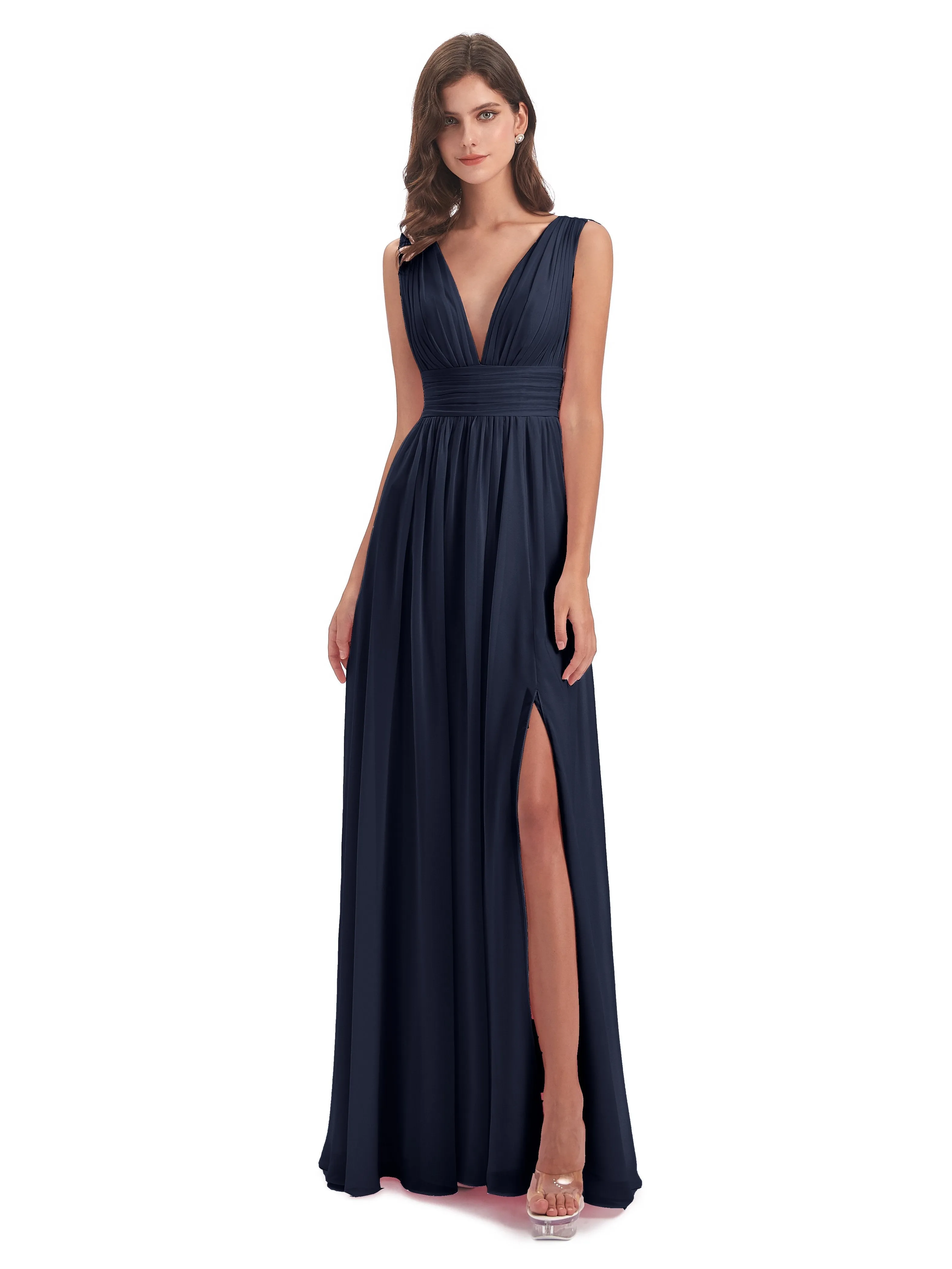 Dark Navy Blue Bridesmaid Dresses Charming Chiffon V Neck Split Long Bridesmaid Dresses