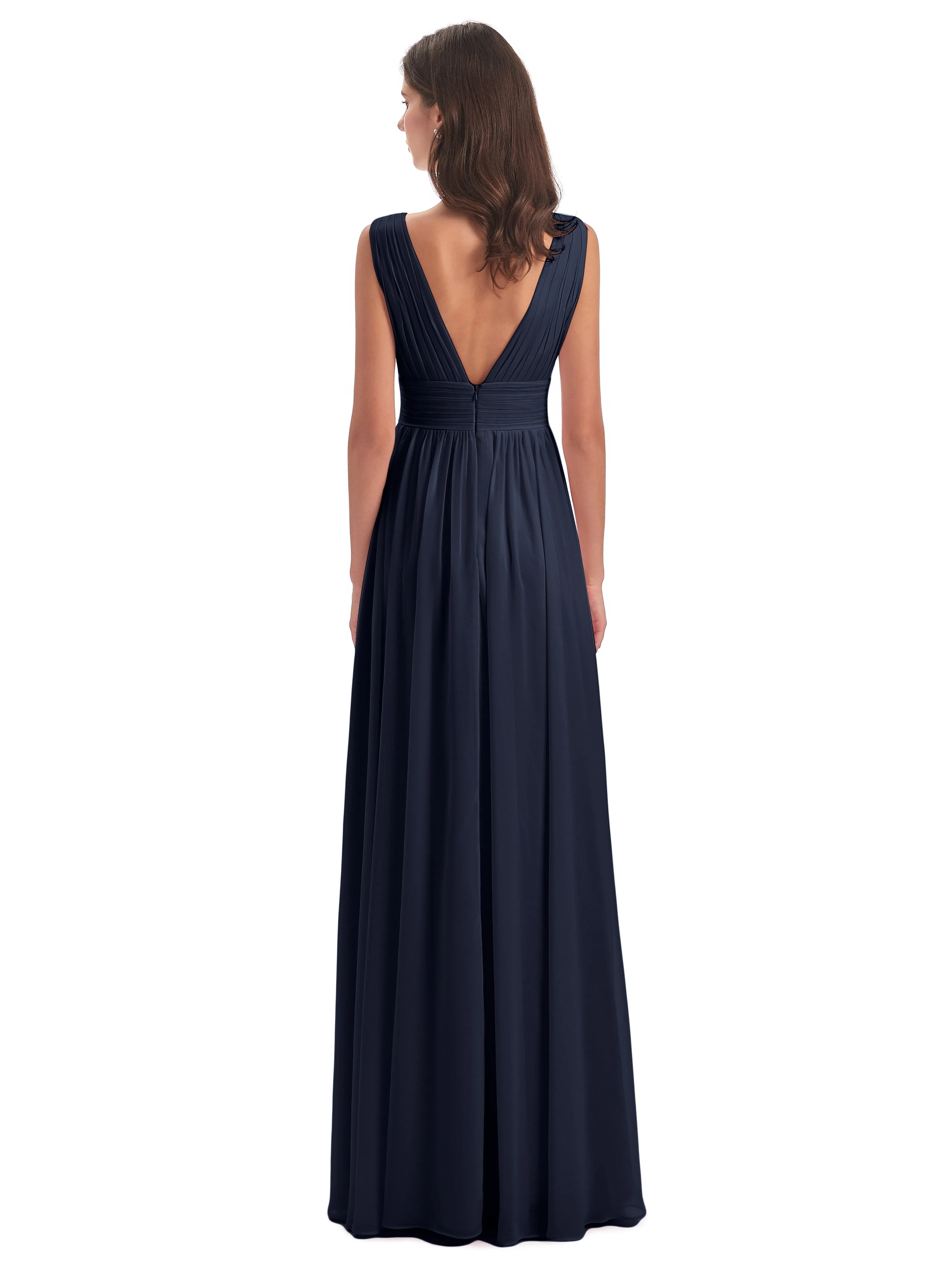 Dark Navy Blue Bridesmaid Dresses Charming Chiffon V Neck Split Long Bridesmaid Dresses