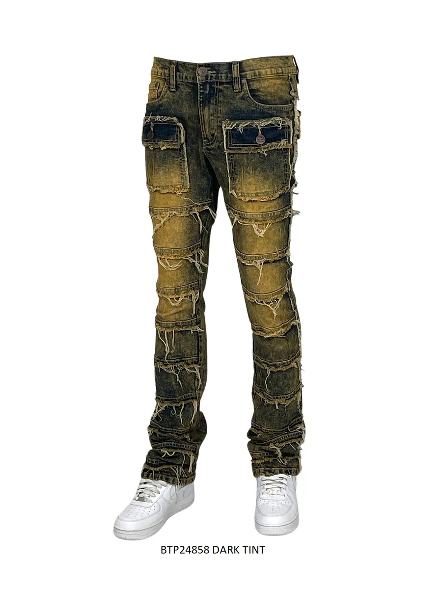 Dark Tint Stacked Jeans Men's Denim Pants Frayed Stack Fit with Pockets