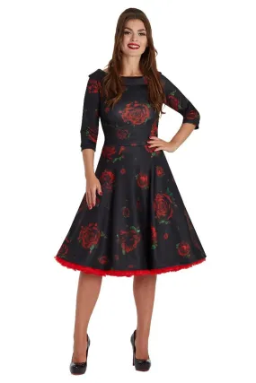 Deborah Flattering Swing Dress Black-Red Roses