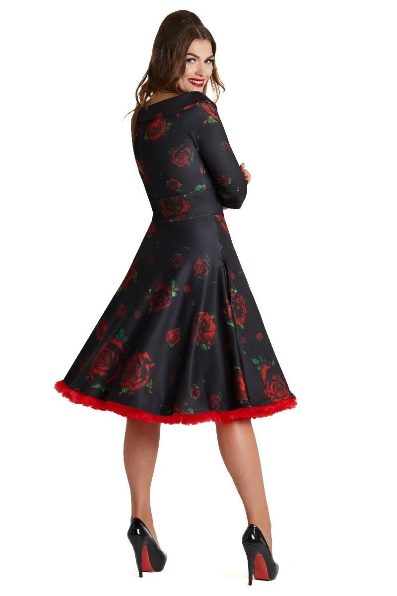 Deborah Flattering Swing Dress Black-Red Roses