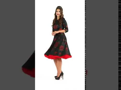 Deborah Flattering Swing Dress Black-Red Roses