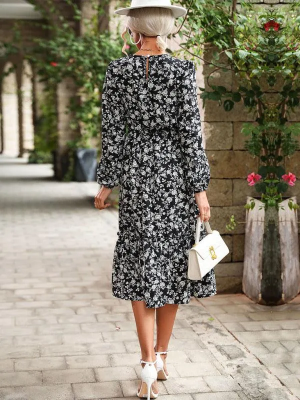 Elegant Black Floral Dress with Long Sleeves: Versatile Style for All Seasons