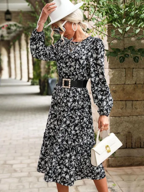 Elegant Black Floral Dress with Long Sleeves: Versatile Style for All Seasons