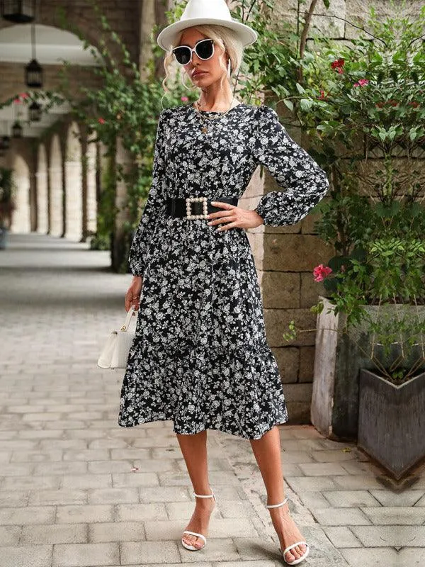 Elegant Black Floral Dress with Long Sleeves: Versatile Style for All Seasons