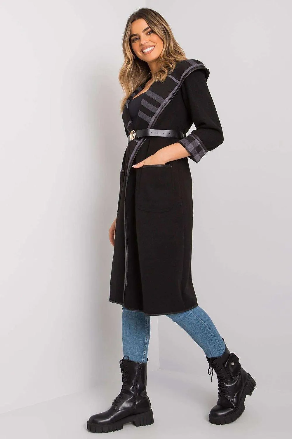 Elegant Black Hooded Women's Coat with Belt and Pockets - Italian Fashion