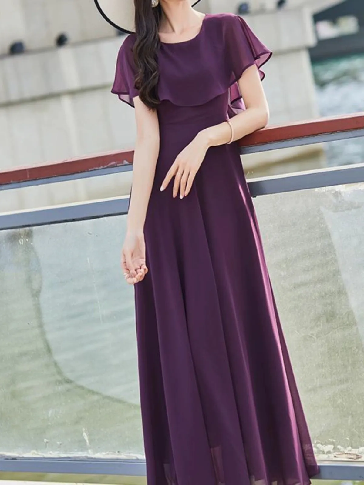 Elegant Purple Commuting Figure Flattering Chiffon Big Swing Maxi Dress