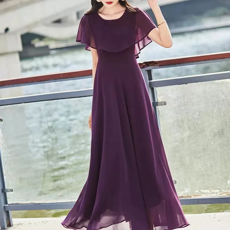 Elegant Purple Commuting Figure Flattering Chiffon Big Swing Maxi Dress