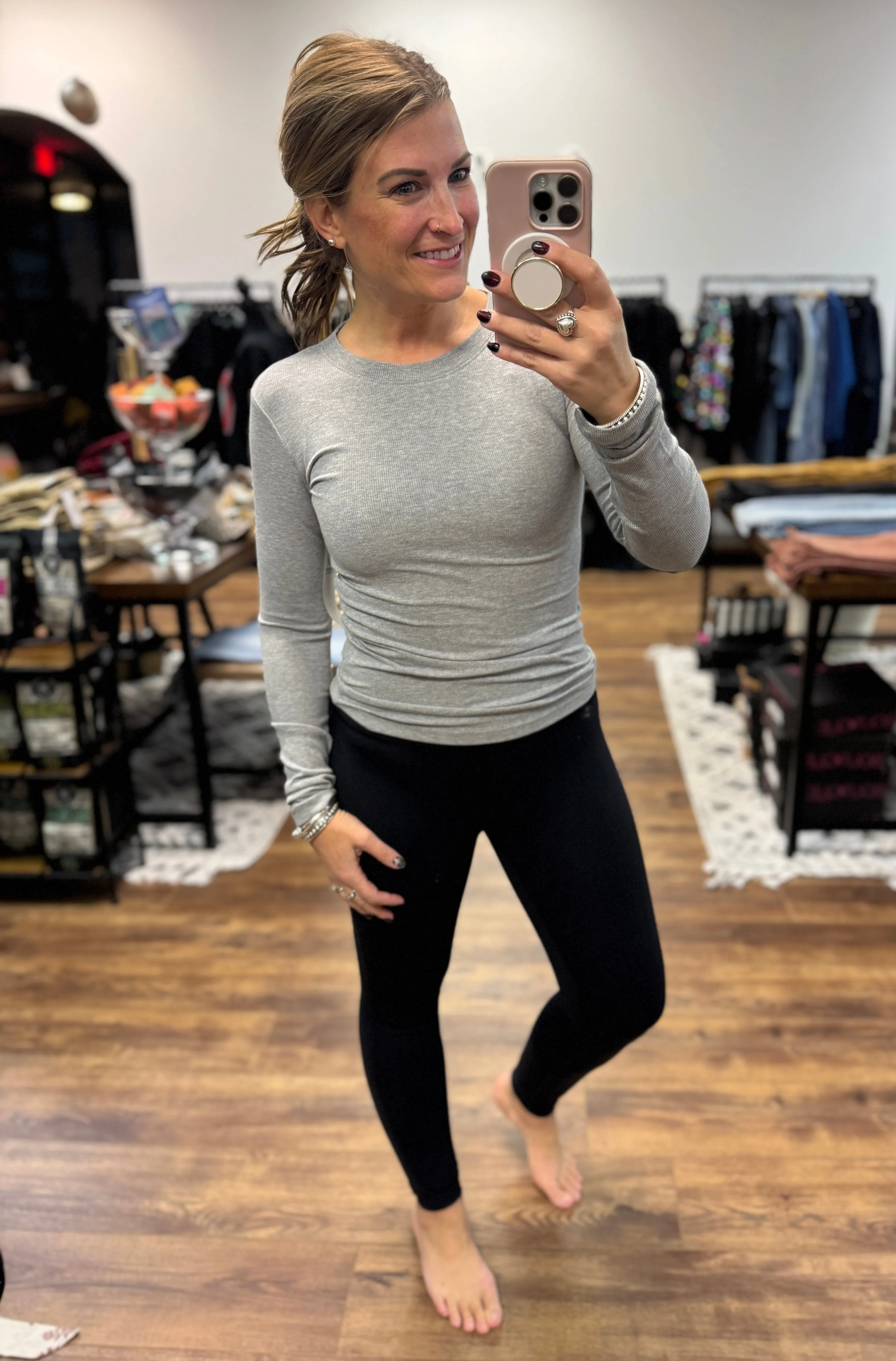 Essential Long-Sleeved Micro-Ribbed Athleisure Top - Heather Grey