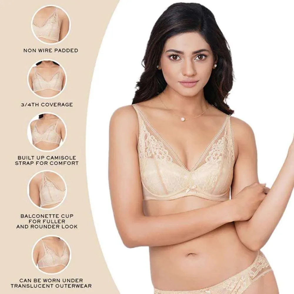 Evy Lace Padded Wired 3/4th Coverage Lacy Bralette Bra - Beige