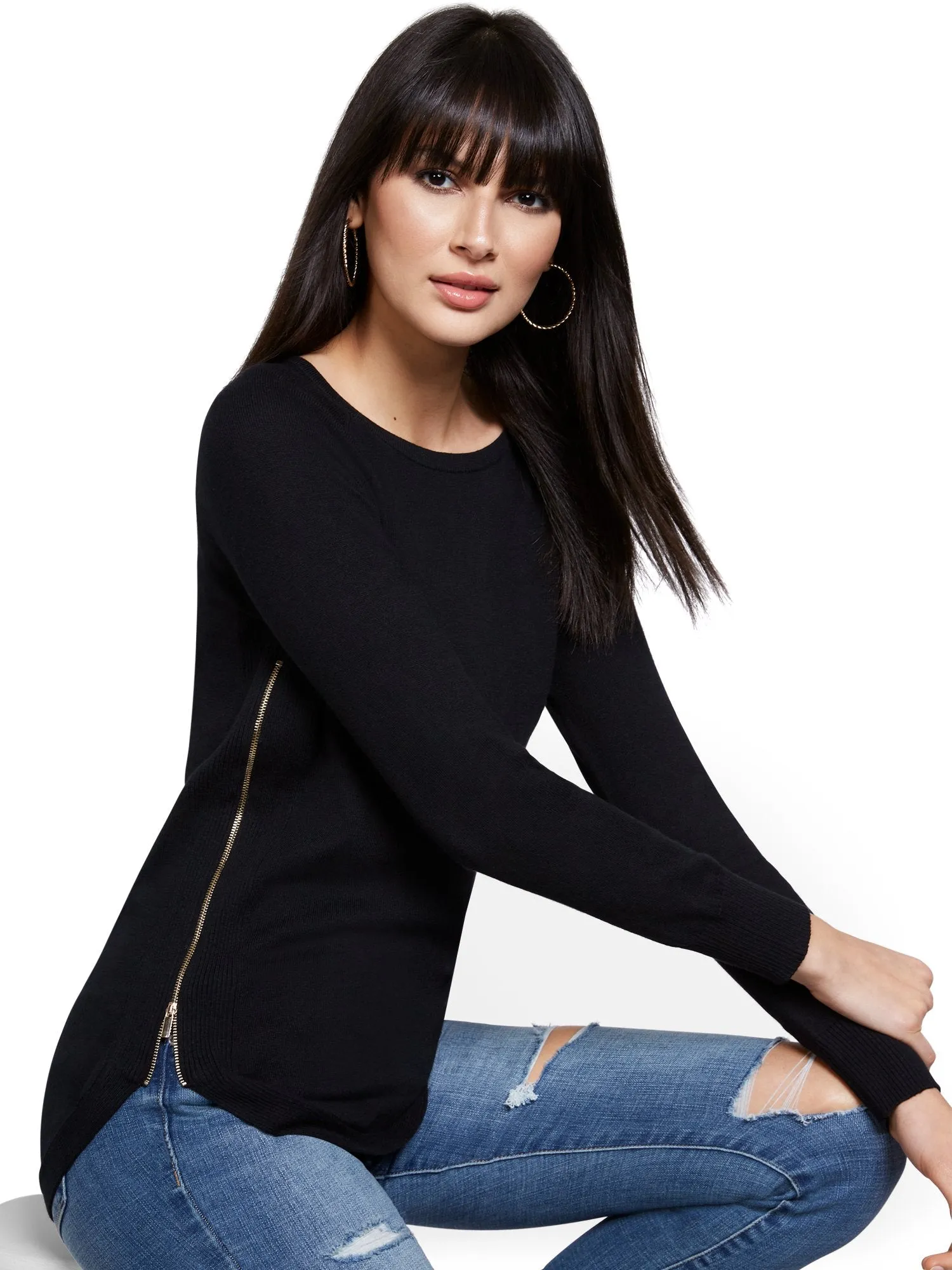 Exposed Zipper Long-Sleeve Sweater