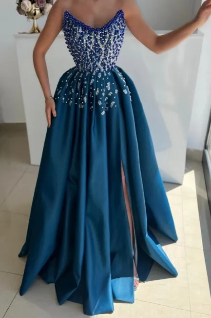 Extravagant Long Blue A-line Strapless Beading Prom Dress with Slit