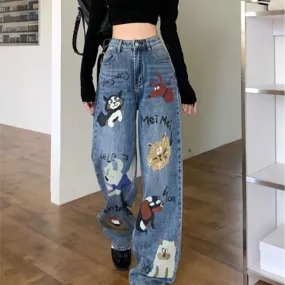 Female American retro high street graffiti jeans