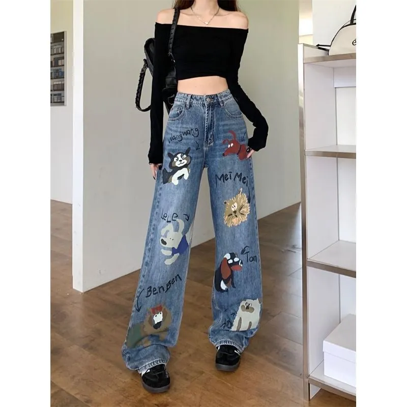 Female American retro high street graffiti jeans