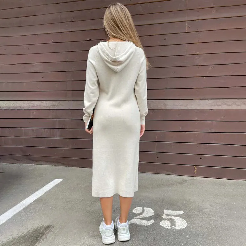 Flattering Hooded Knitted Long Sleeve Pullover Midi Dresses