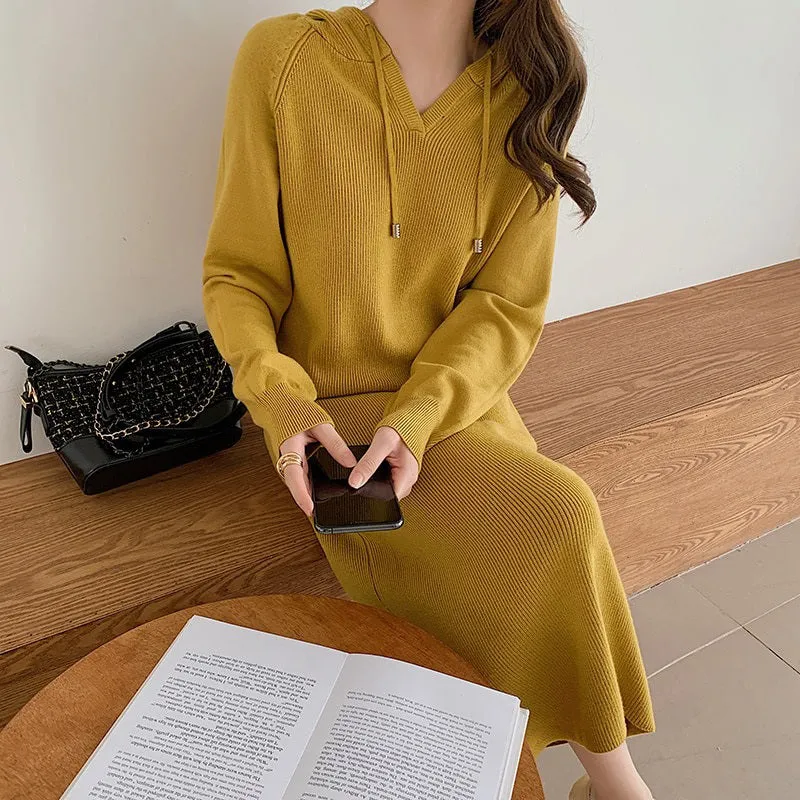 Flattering Hooded Knitted Long Sleeve Pullover Midi Dresses