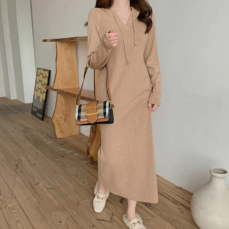 Flattering Hooded Knitted Long Sleeve Pullover Midi Dresses