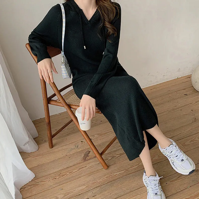 Flattering Hooded Knitted Long Sleeve Pullover Midi Dresses