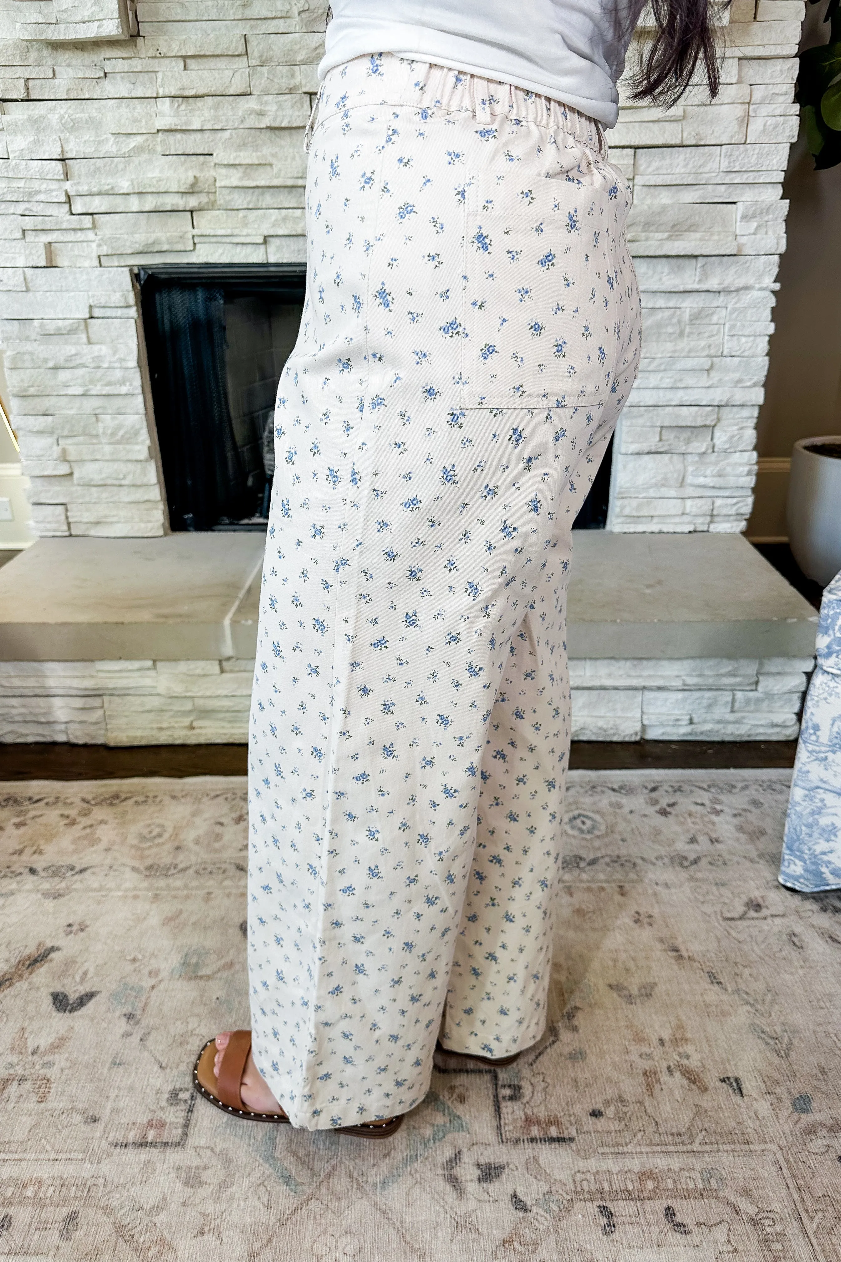 Floral Printed Taupe Wide Leg Jeans in Blue