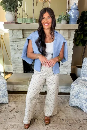 Floral Printed Taupe Wide Leg Jeans in Blue