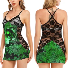 Green Skull Gothic Mandala Black Lace Sleepwears Babydol Dresses