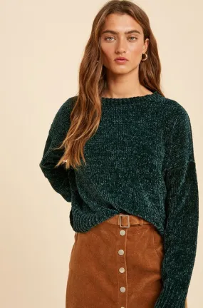 Hunter Green Chenille Crop Pullover