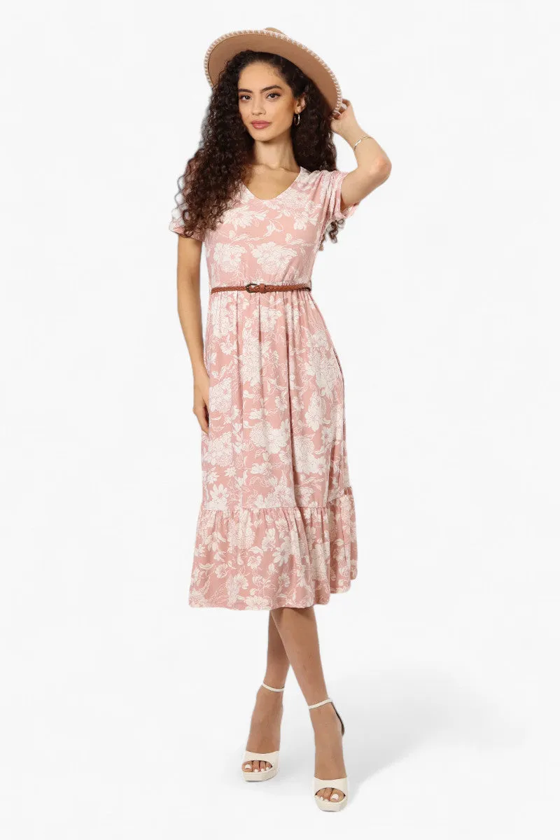 International INC Company Floral Belted Short Sleeve Maxi Dress - Blush