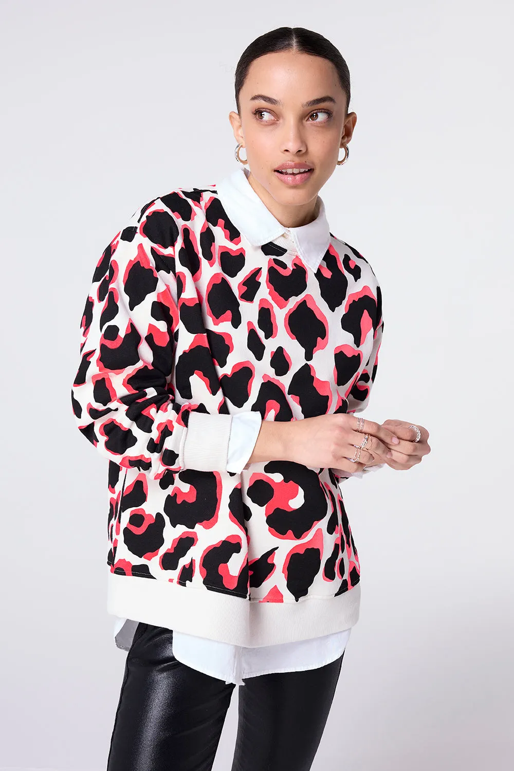 Ivory with Neon Coral and Black Mega Shadow Leopard Oversized Sweatshirt