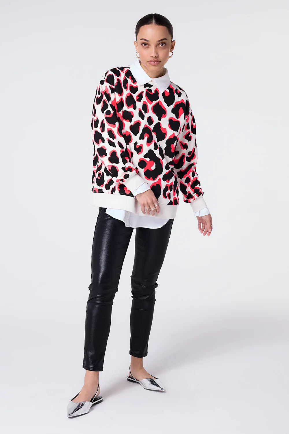 Ivory with Neon Coral and Black Mega Shadow Leopard Oversized Sweatshirt