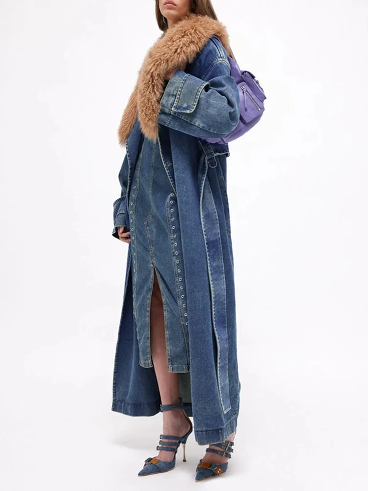 Krizia Faux Fur Collar Denim Trench Coat