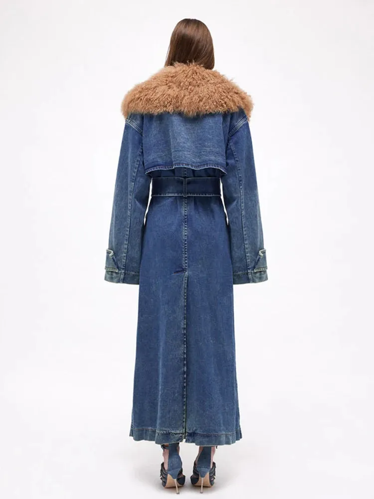 Krizia Faux Fur Collar Denim Trench Coat