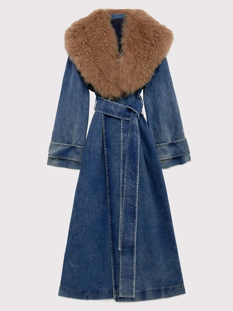 Krizia Faux Fur Collar Denim Trench Coat