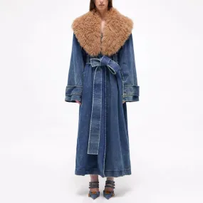 Krizia Faux Fur Collar Denim Trench Coat