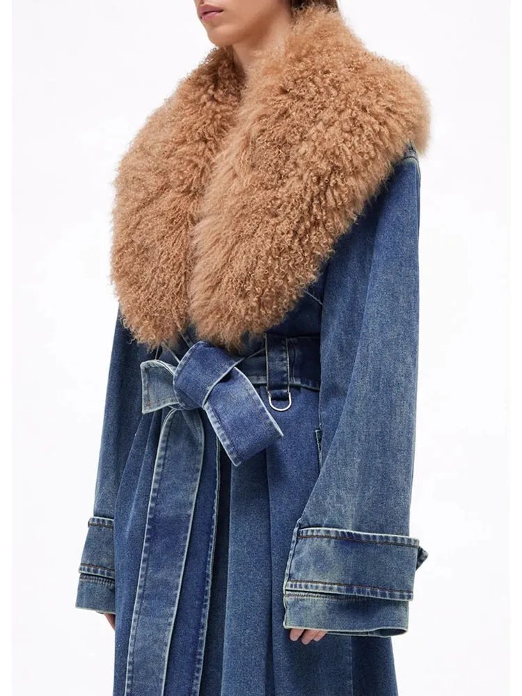 Krizia Faux Fur Collar Denim Trench Coat