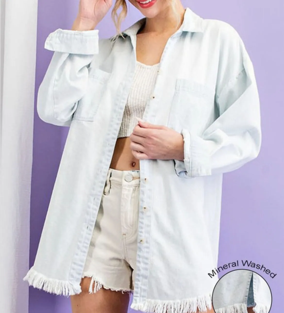 Light Mineral Wash Fringe Denim Shirt