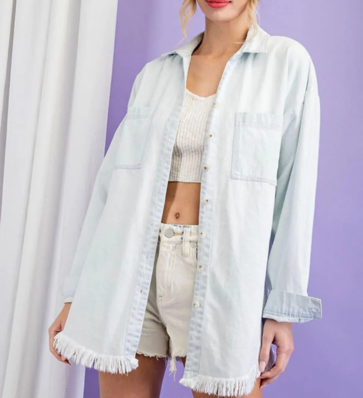 Light Mineral Wash Fringe Denim Shirt