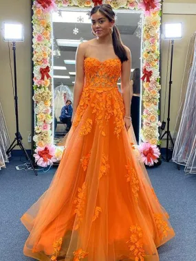 Long A-line Strapless Tulle Lace Prom Dress Orange Formal Evening Gowns