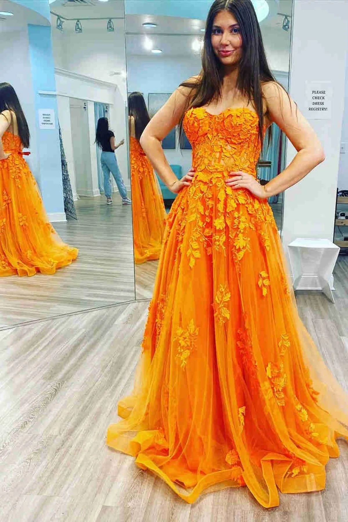 Long A-line Strapless Tulle Lace Prom Dress Orange Formal Evening Gowns