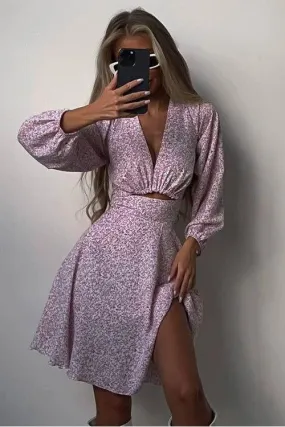 Long-Sleeved V-Neck pink Dress