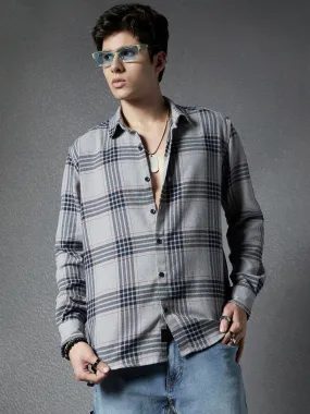 Men Premium Realxed Fit Cool Denim Look Cotton Grey Navy Plaid Casual Shirt