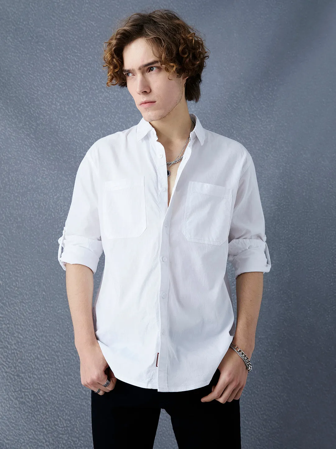 Men Relaxed Fit Pace Fine Textured Premium Cotton Solid White Shirt