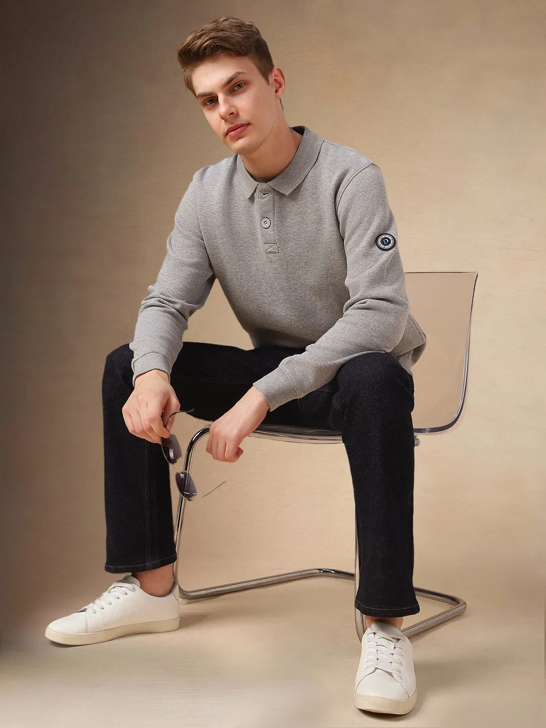 Men's Grey Solid Polo Collar Full Sleeves Sweatshirt