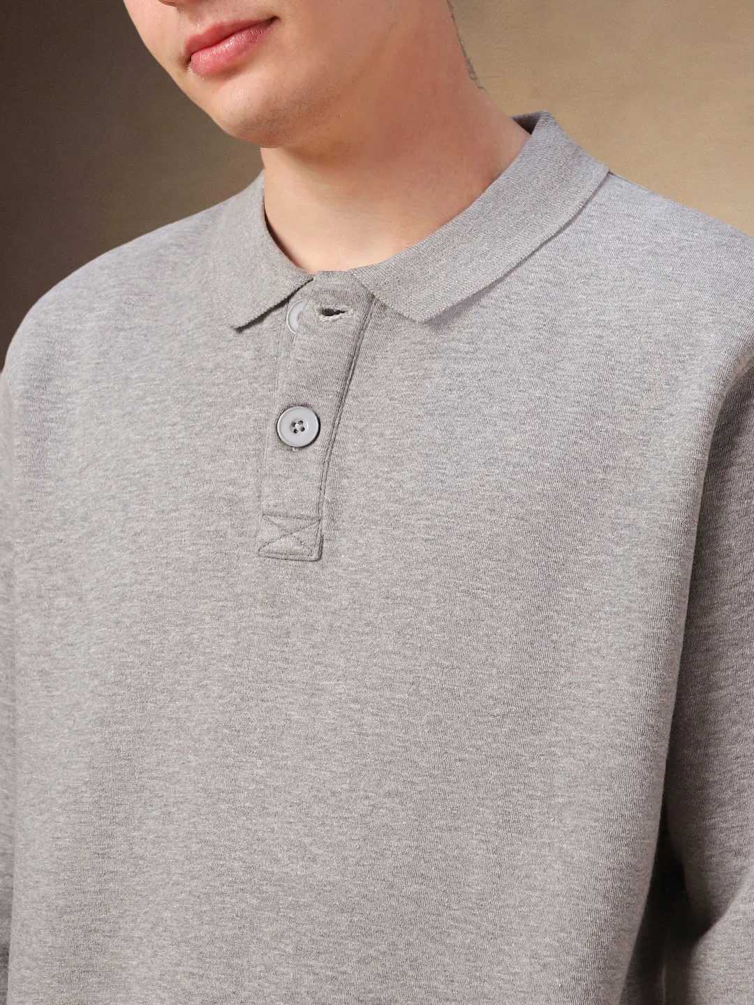 Men's Grey Solid Polo Collar Full Sleeves Sweatshirt