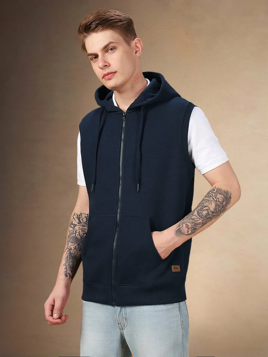 Men's Solid Navy Hooded Sleeveless Regular Fit Hoodie