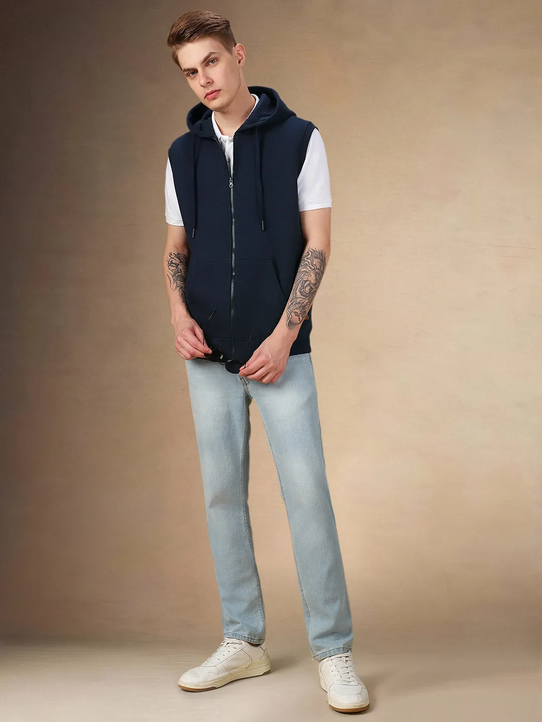 Men's Solid Navy Hooded Sleeveless Regular Fit Hoodie